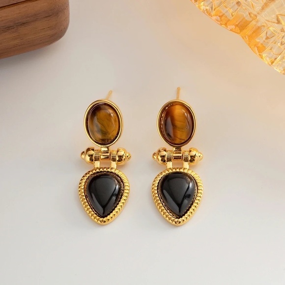 18K Gold Plated Natural Stone Tiger Eye Earrings - Picture 6 of 8